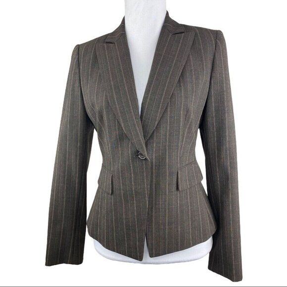 Tahari ASL Women's Brown and Tan‎ Pinstripe One Button Preppy Blazer 4/35.25" - Picture 1 of 14